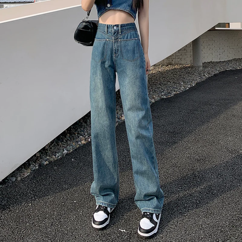 Blue Jeans Women American Wide Leg Pants Loose Fashion High Waisted Street Temperament Vintage Female Bottoms Summer Trousers