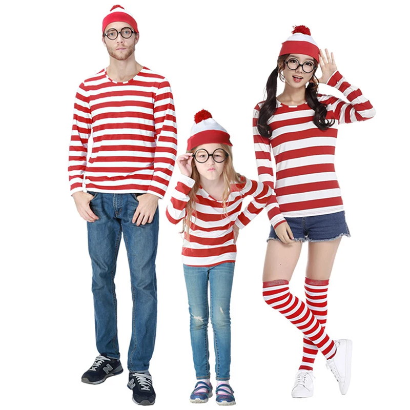 

Family Matching Parent-Child Cartoon Where is Wally Waldo Costume Waldo Book Week Cosplay Outfit Stripe Shirt Hat Glasses Kit