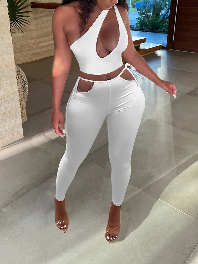 

OMSJ Party Out Going Fashion Bodycon Two Pieces Outfits For Women Slant Collar Irregular Tank Top + High-waist Hollow Full Pants