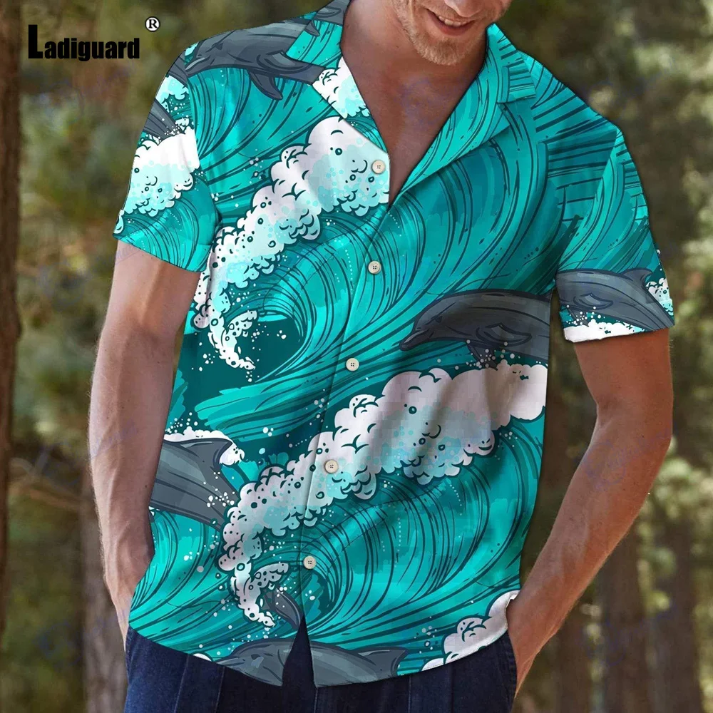 Ladiguard Men Casual Shirts Clothing 2023 New Summer Beach Tops Ocean Dolphin Print Blouse Mens Short Sleeve Daily Beachwear