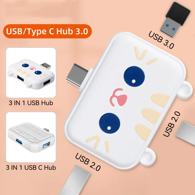 

Wireless Docking Station Usb Hub Cartoon 3 In 1 Multifunction Type C Adapter Usb Splitter for Laptop Mobile Phone Ipad Tablet