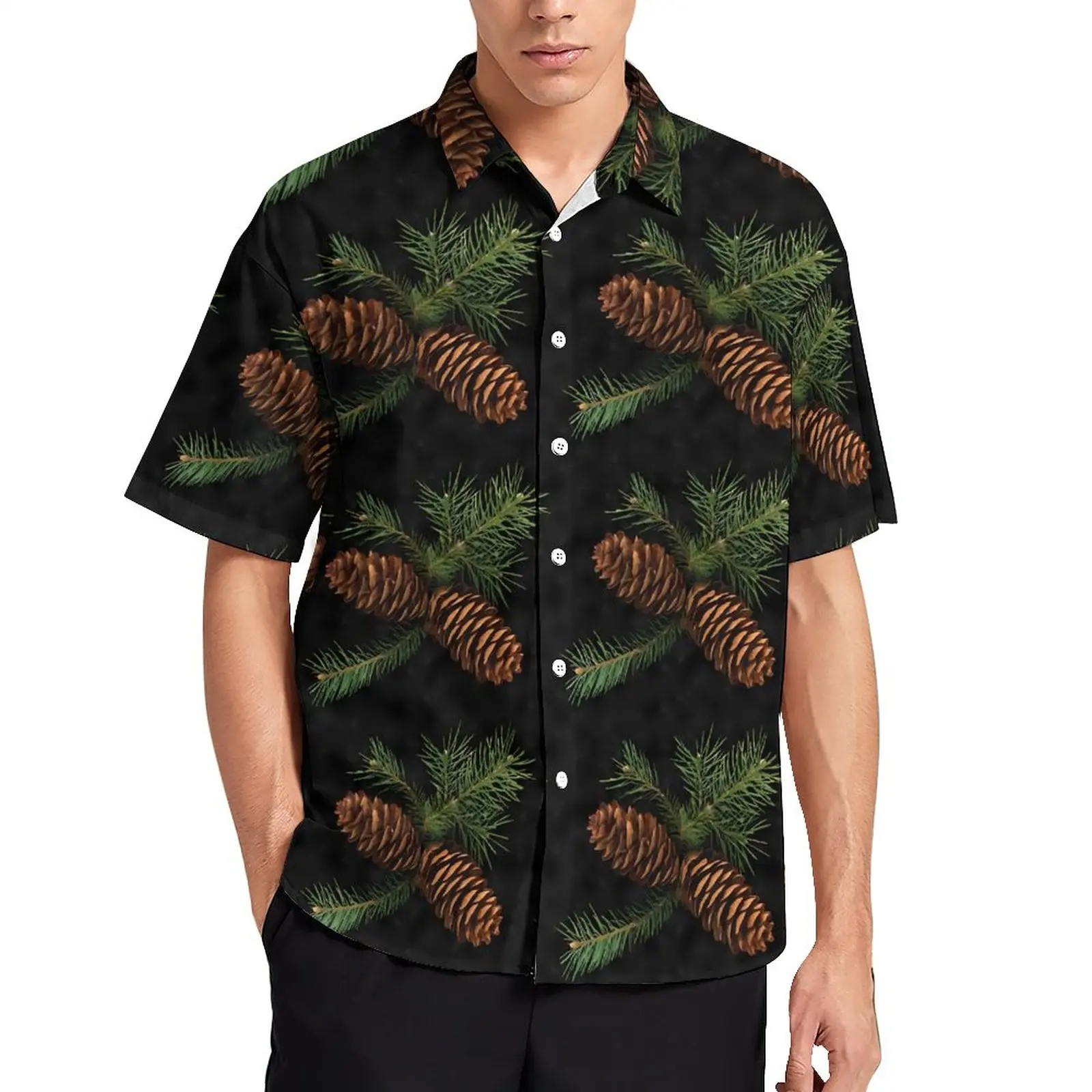 

Watercolor Pine Cones Loose Shirt Men Vacation Woodland Casual Shirts Hawaii Design Short Sleeve Fashion Oversized Blouses