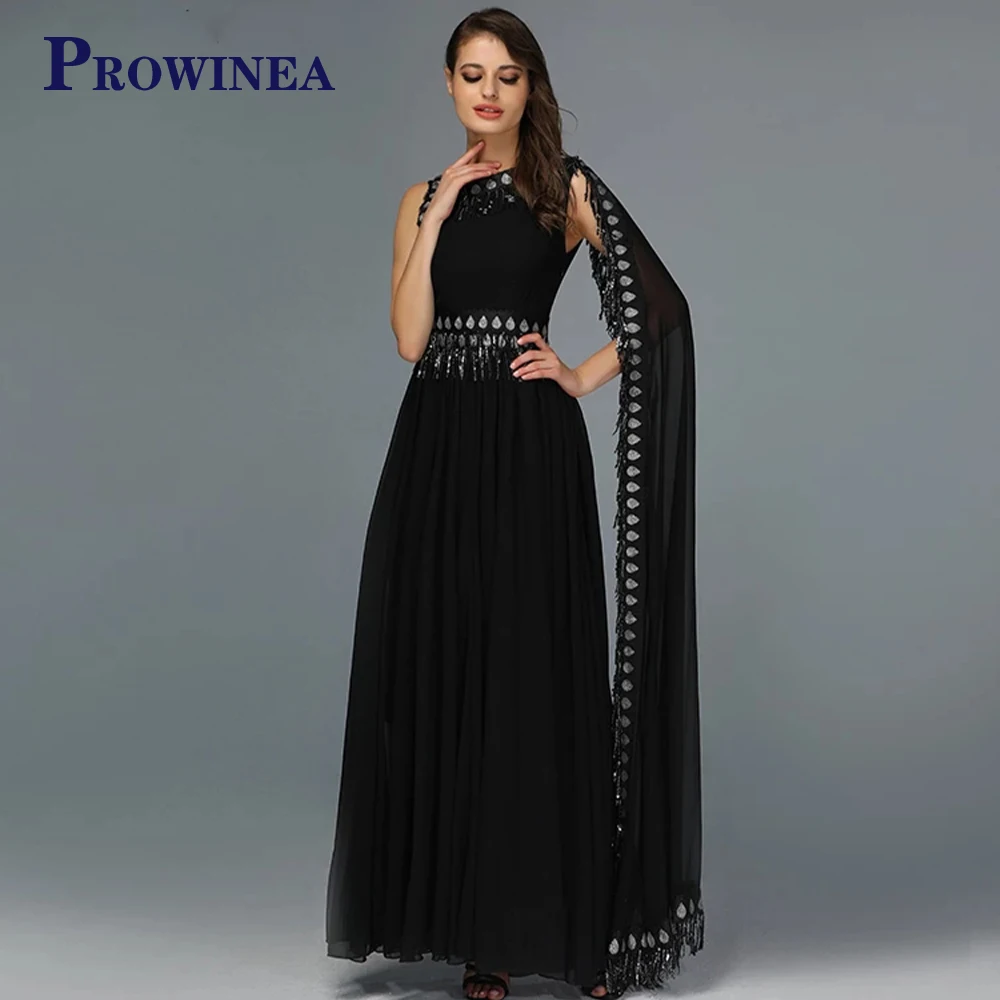 

PROWINEA Elegant Black Sequined Sashes A-Line Evening Dress 2023 Sleeveless Ankle Lenght Evening Gowns Vestidos Robes De Soirée
