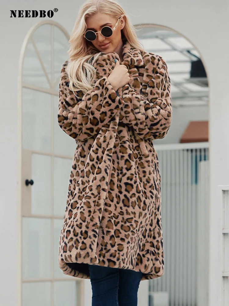 NEEDBO Fashion Woman Long Sleeve Leopard Print Knitted Cardigan Coat Womenes Sweater Warm Fluffy Plush Loose Outwear Jackets