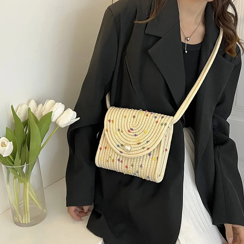 

2023 New Summer Handmade Cotton Rope Woven Bag for Girls Sweet Balls Pearl Envelope Bag Tidal Crossbody Small Bag