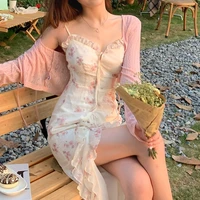 floral sleeveless midi dress elegant sexy french vintage strap 2022 summer woman party split skirt korean fashion off shoulder