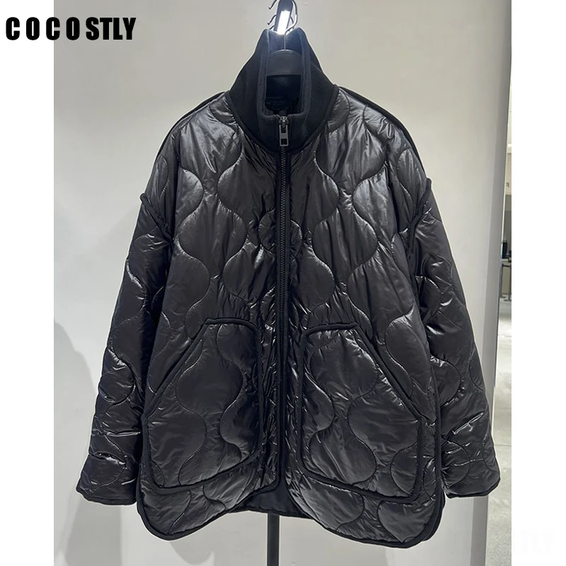 2022 Autumn Winter Women's Thicken Warm Stand Collar Splicing Cotton Clothes Female Loose Parkas Glossy Fashion Y2K Outwear