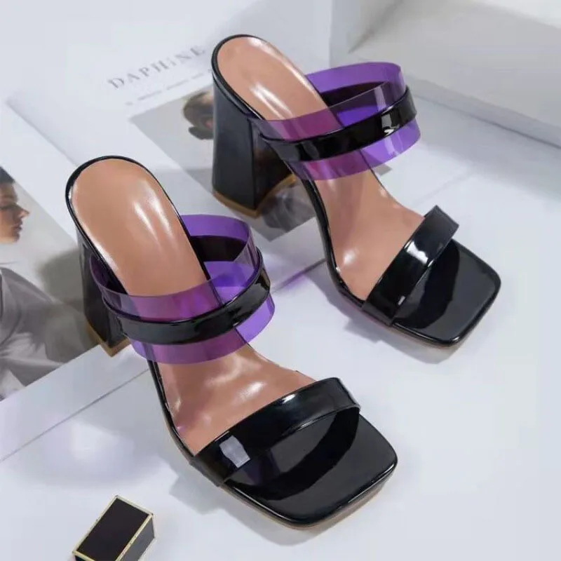 

Square Toe High Heel Sandals Women Sexy Purple Clear Slippers 2022 Summer Ladies Outdoor Fashion Slides Shoes Nightclub Size 43