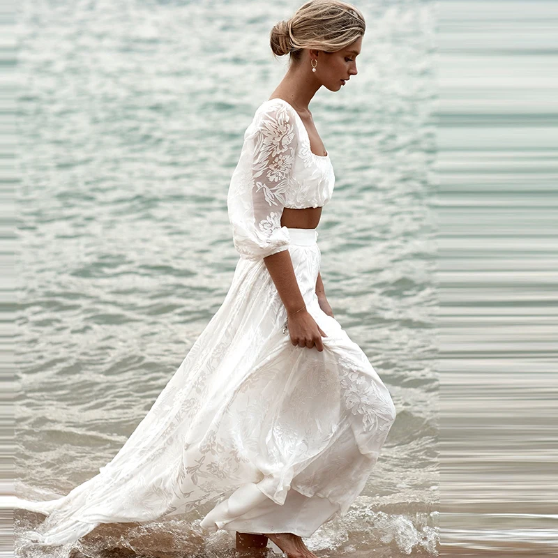 

Two Piece Bohemian Wedding Dress Square Neck Open Back Sweep Train Bridal Gowns Half Sleeve Lace Wedding Dresses
