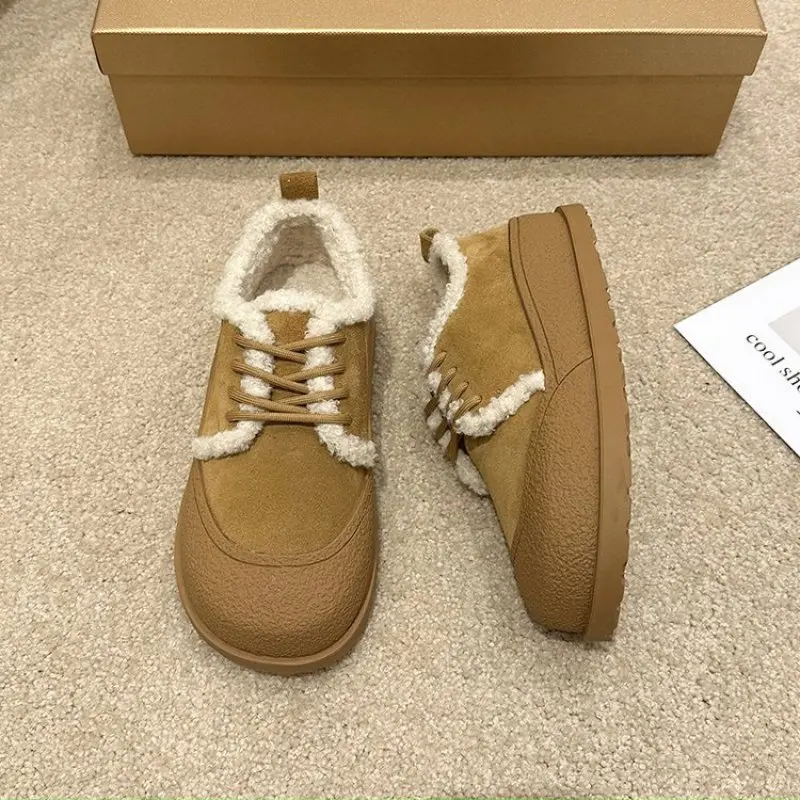 Women Winter Warm Casual Derby Shoes Plush Lining Keep Warm Toe Cap Lace Up Girls Flats Leisure Boat Shoes Female Snow Shoes
