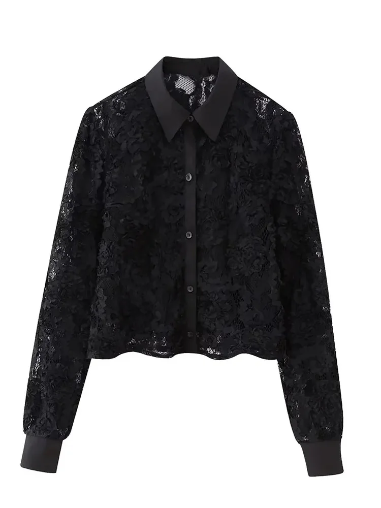 

HH TRAF Embroidered Hollowed Out Women's Blouse Turn Down Collar Single Breasted Shirt Female Sexy Slim Blouses Women's Clothing