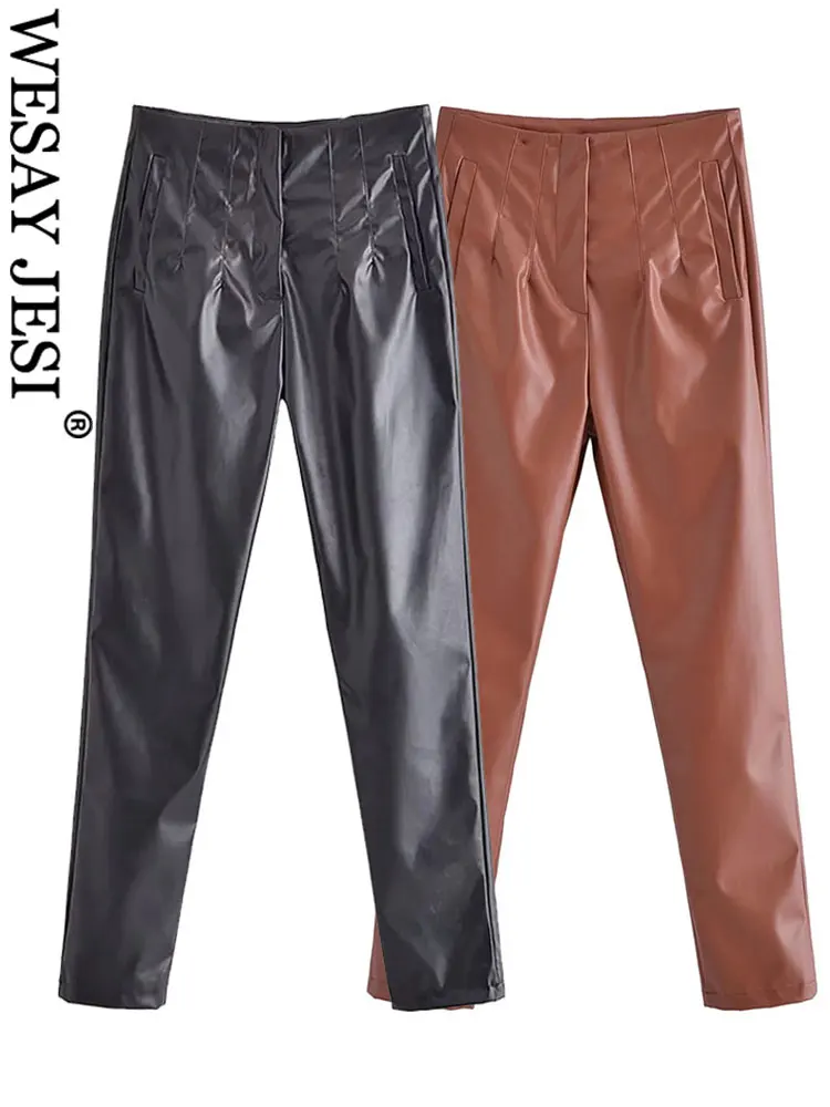 

WESAY JESI Fashion Women's Solid Color Simple Slim Straight Pants Temperament All-match Zipper Leather Trend Trousers Commuter