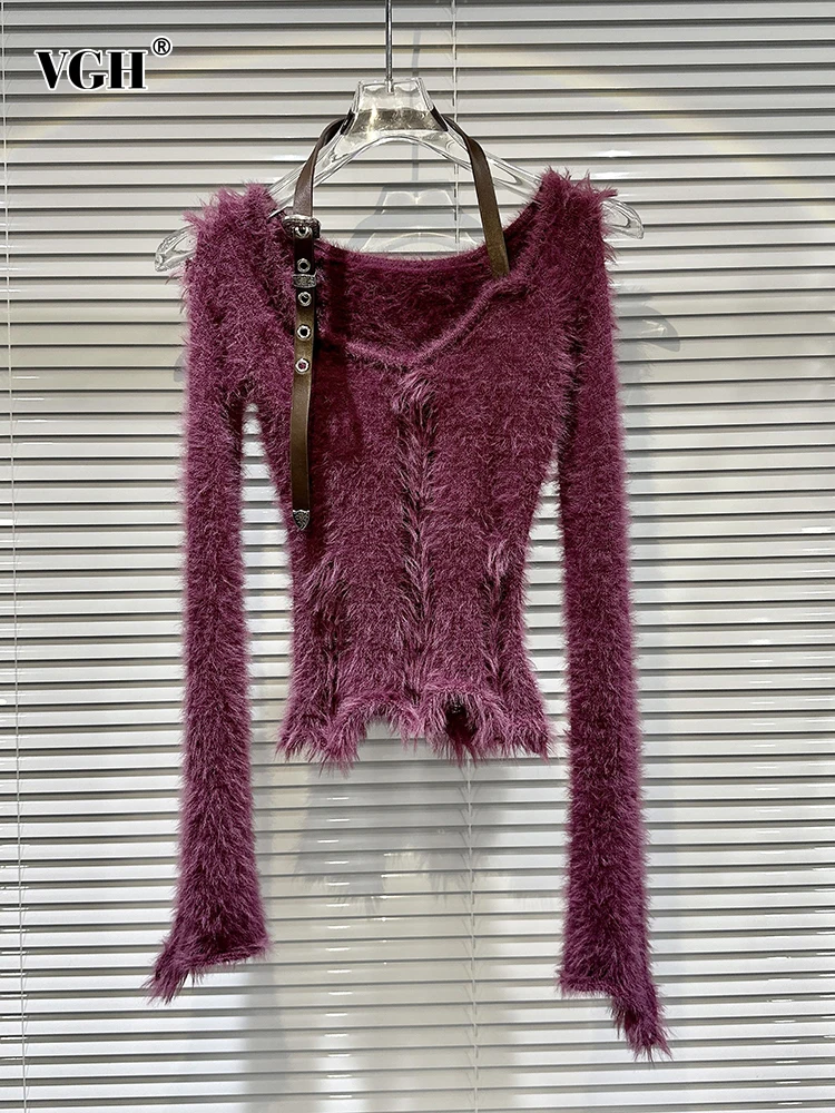 

Женский трикотажный свитер с поясом VGH, однотонный Повседневный пуловер с V-образным вырезом и длинным рукавом, модная одежда