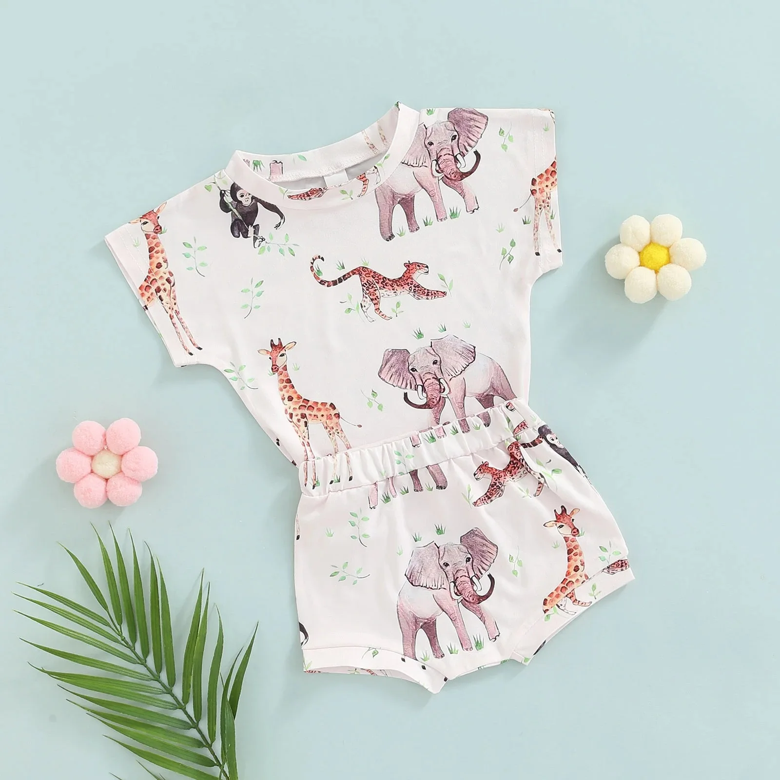 

Kid Summer New Casual Set Cute Animal Print T-shirt Baby Girl Cherry Short Sleeves Tops Loose Cotton Shorts Boy Suit