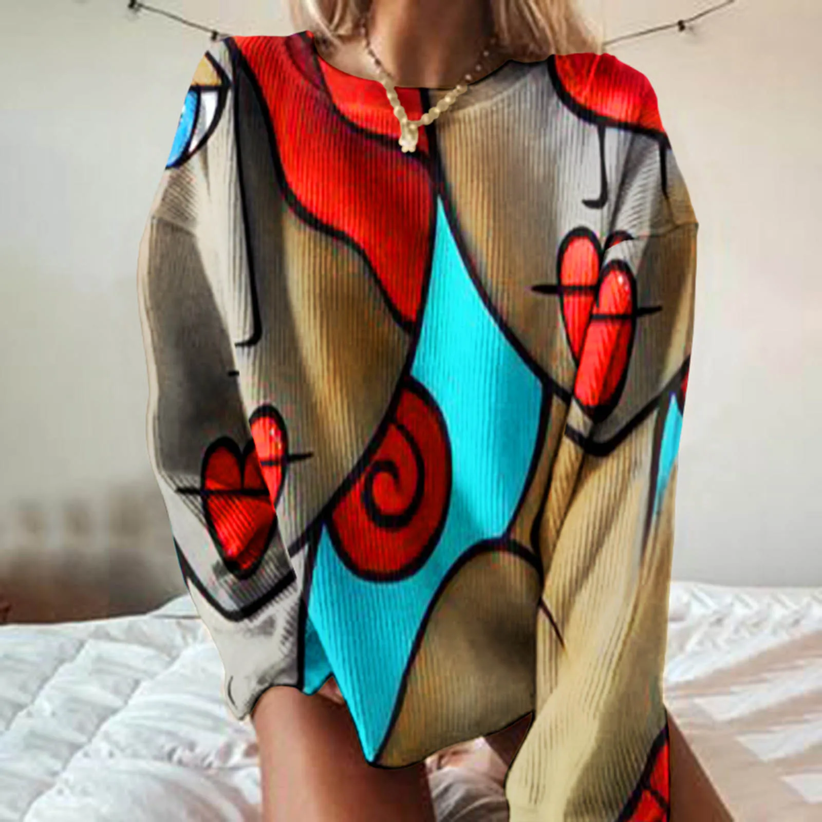 

Women Round Autumn Neck Pullover Knitted Long Top Sweatshirt Loose Sleeve Winter Wool Sweater Pullover Sweaters for Men for Work