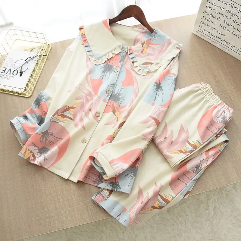 

New Ladies Pure Cotton Knitted Pajamas Suit Simple Big Flower Doll Collar Home Service Women Long Sleeves Pyjamas