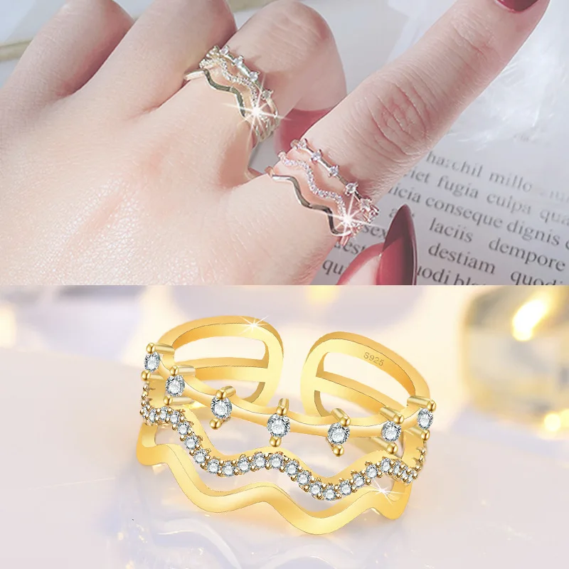 

Aesthetic Zircon Multi-Layer Wave Wedding Finger Rings for Women Silver Color Opening Rings Boho Jewelry Gifts 2022