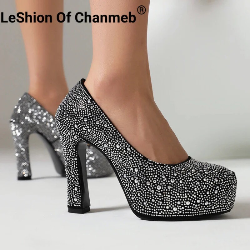 

LeShion Of Chanmeb Women Shiny Crystal Pump Block High Heels Platform Pumps Round Toe Rhinestone Shoes Ladies Party Wedding Show