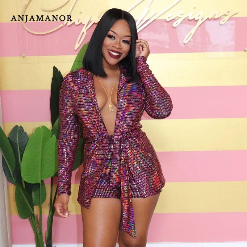 Женский блестящий комплект из 2 предметов anjahome, зимний блейзер с длинным рукавом и короткие брюки, подходящие комплекты, сексуальные Клубные наряды