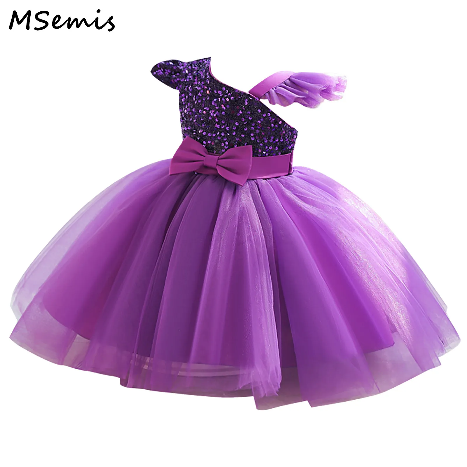 

Toddler Girls Princess Dress Sparkling Sequin One Shoulder Dress Bow Pleated Hem Tutu Tulle for Proms Ball Gown Layered