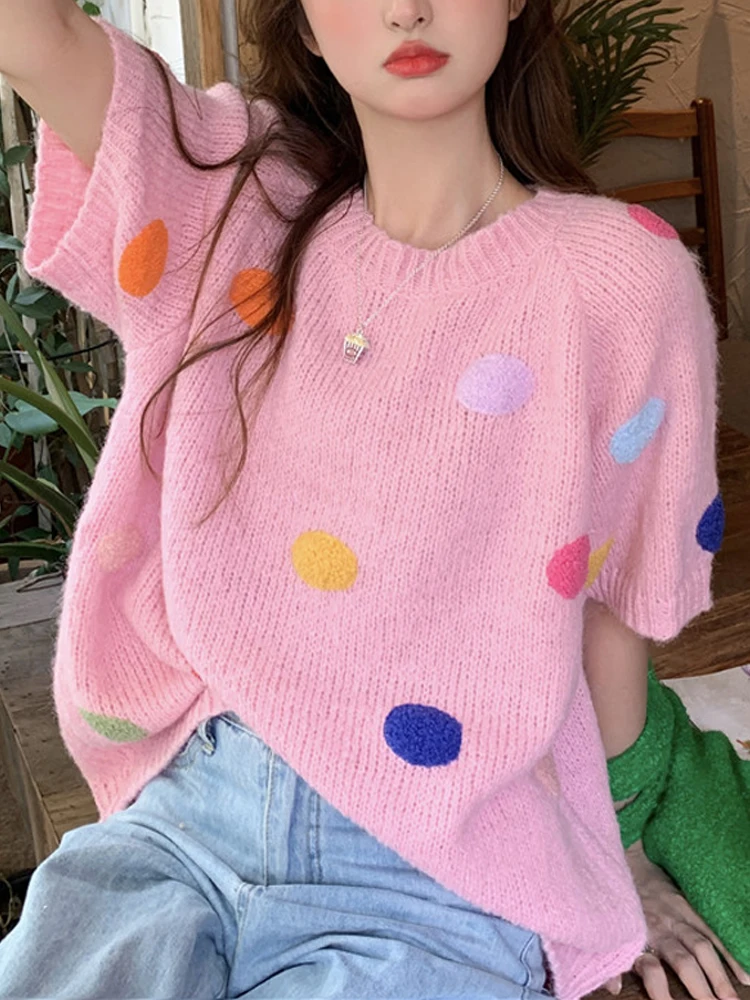 

KIMOKOKM Kawaii милая девушка Vintag контрастные цвета волнистые точки ленивые Вязание для женщин милый Свободный вязаный пуловер