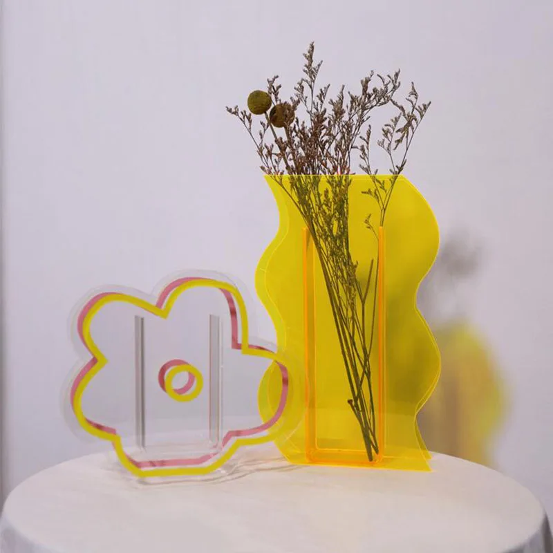 

Colorful Acrylic Vase Home Living Room Designer Transparent Illustration Dried Flowers Party Decoration Transparent Yellow