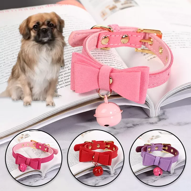 

Dog Collar With Bell For Pet Dogs Cats Puppies Cute Bowtie Buckle Collar Adjustable Leather Collar Kitten Necklace Accessory