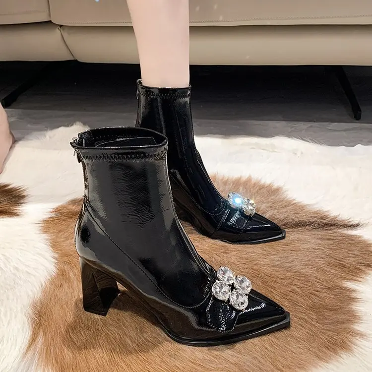

New Flashion Round Heel Ankle Boots Square Toe Crystal Booties Patent Leather High Heels Solid Concise Women Shoes Zapatos Mujer