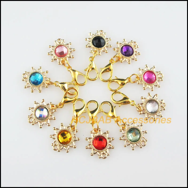 

Fashion New 20Pcs Gold Color Sun Flower Circle Frame Mixed Acrylic Charms Pendants With Lobster Claw Clasps 14x15mm