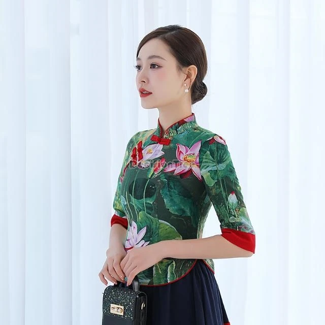 Новинка весна-лето 2024 блузка Ципао в китайском стиле с улучшенным цветочным