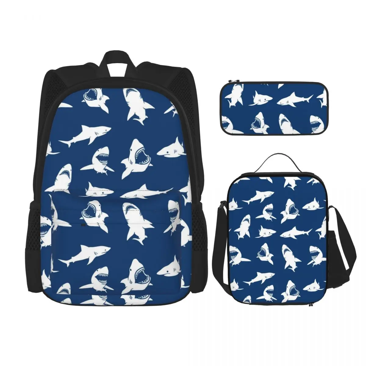 

3 Pcs/Set School Backpack for Girls Children Schoolbags Kids School Pencil Case Lunchbox White Sharks Silhouettes