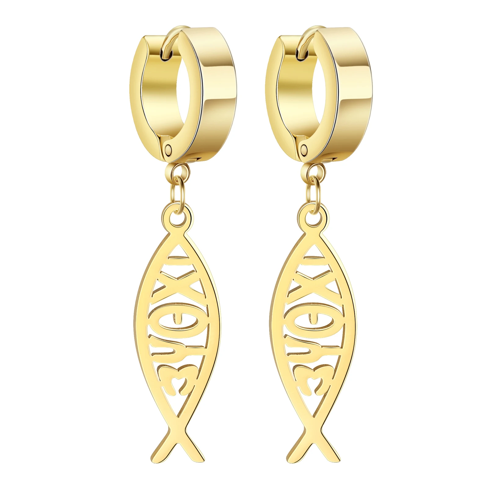 

KKJOY Stainless Steel Christian Religious Fish Charm Dangle Hoop Earrings Vintage Cool Trend Male Jewelry Accessories New