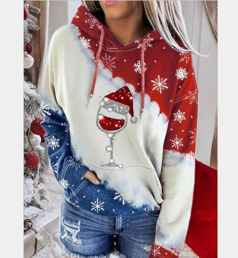 New European and American sweater Christmas snowman car printing casual hooded collar printed sweater