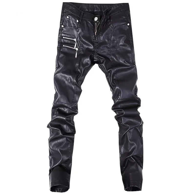 

NEW IN trend new black Slim leather pants personality zipper stitching leather pants fashion youth motorcycle leather pants male