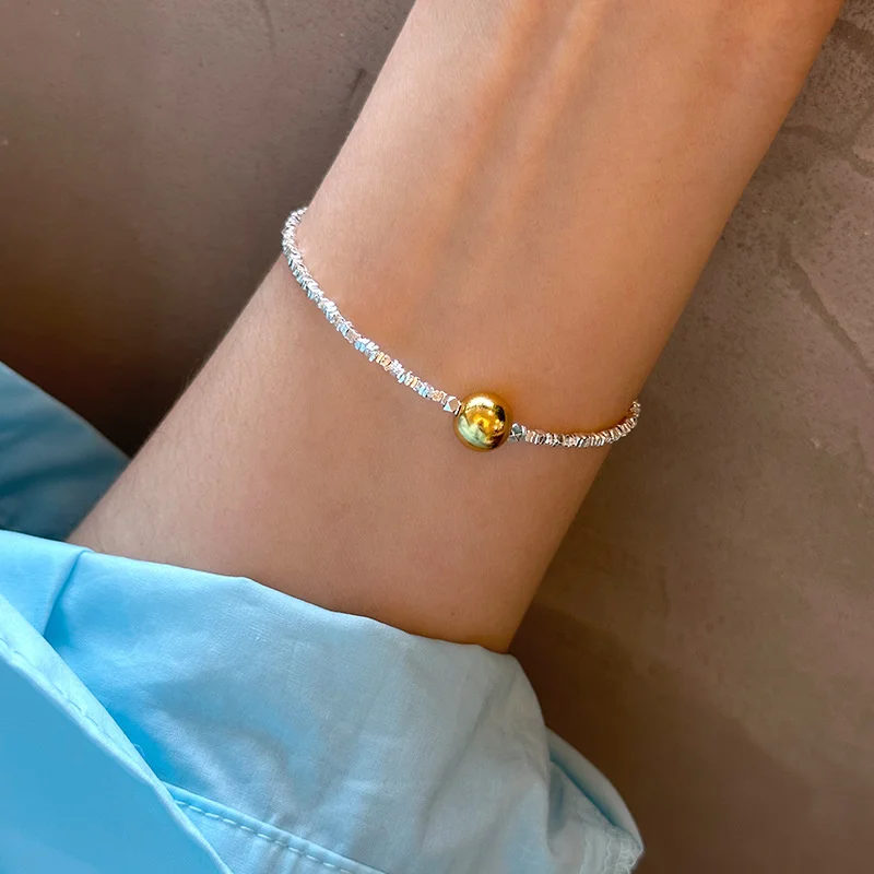 

Broken Silver Gold Ball Bracelet Women's 925 Sterling Handmade Sweet Small Fresh Best Friend Jewelry B6586