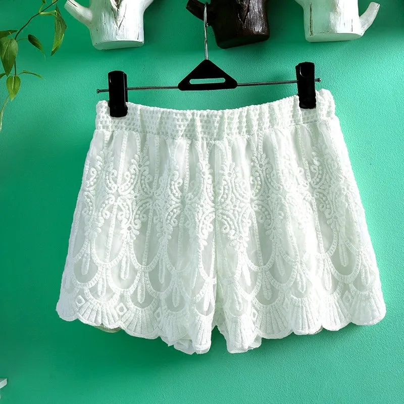

loose flare Elastic waist boho beach women 2020 white cotton lace shorts floral embroider loose casual summer short pant