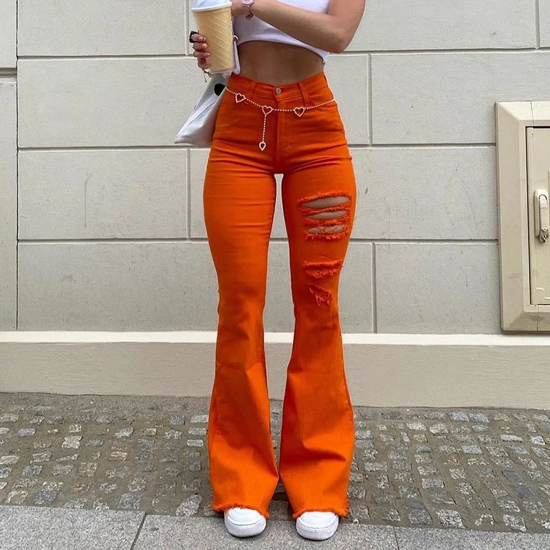 

High Waist Flared Jeans Denim Pants Women Ripped Hole Hollow Out Sexy Slim Long Female Trouser Pants Streetwear Harajuku Outfits