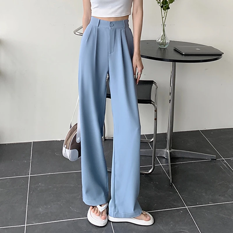 Rimocy 2022 New Straight Wide Leg Women's Pants Korean Style High Waist Pants for Women Solid Color Loose Suit Trousers Female
