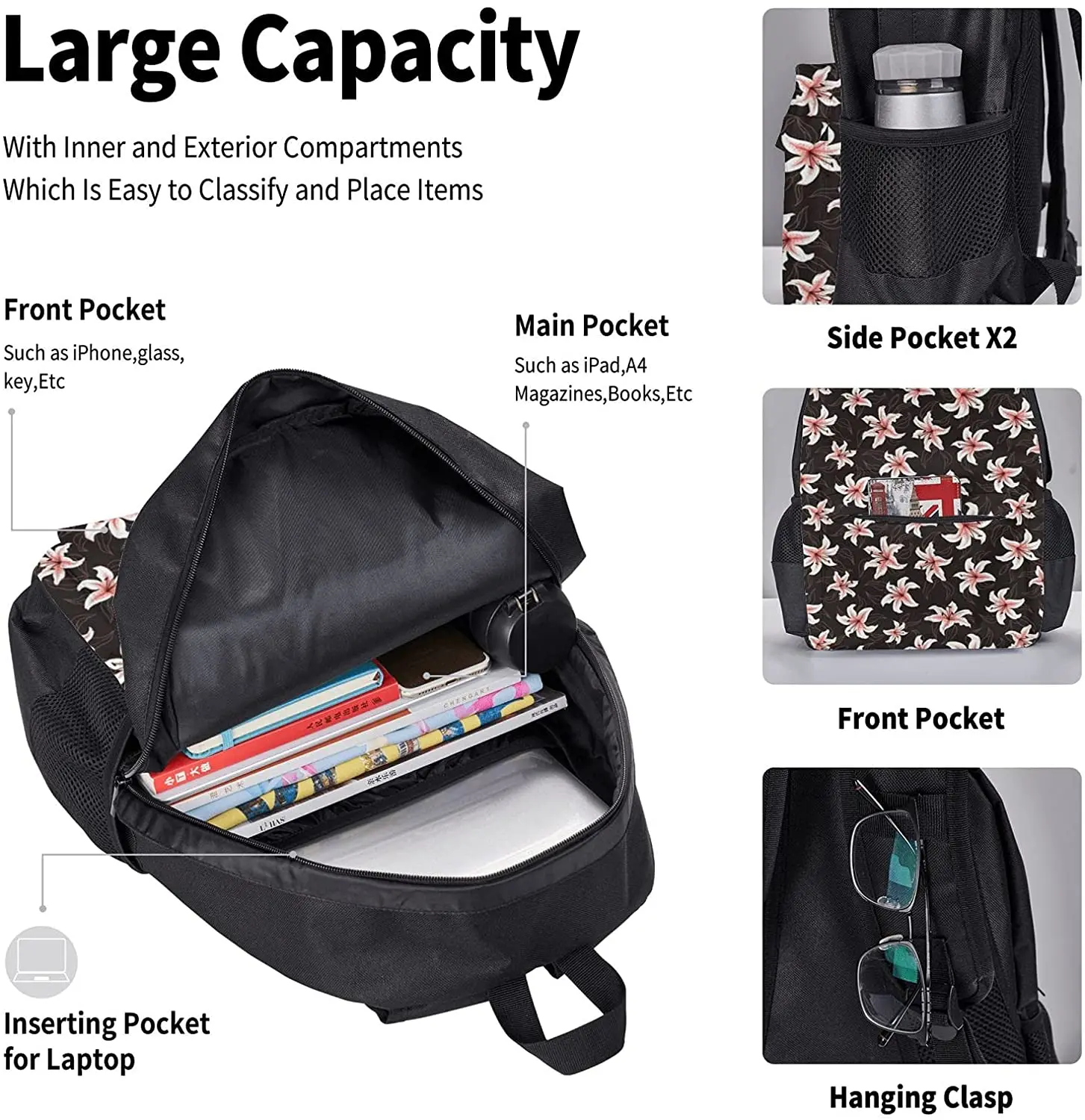 Lilies Black Backpack Set 3-Piece Teen Boys Girls Backpack Messenger Lunch Bag Pencil Case Set
