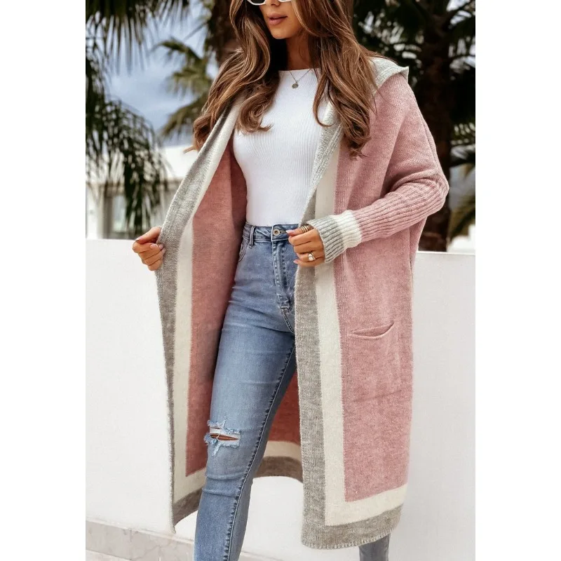 

2023 Autumn/Winter Casual Versatile Hooded Long Cardigan Sweater Coat New Pink Green Long Cardigan Winter Women Cloth Sweater