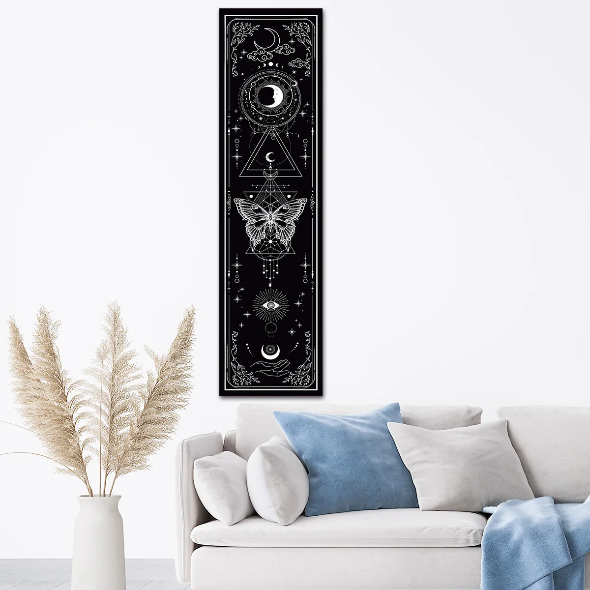 Солнце Луна и звездное небо настенный гобелен готический черный белый бабочка
