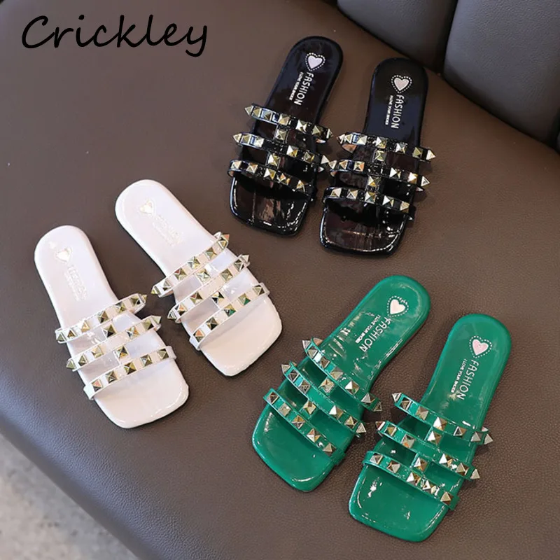 

Summer Kids' Slippers Rivet PU Leather Soft Bottom Fashion Shoes For Girls 2022 Princess Non Slip Outdoor Children's Slippers