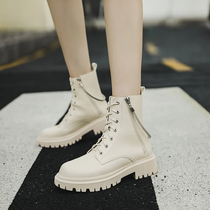 

Женские кожаные ботинки на молнии, с круглым носком, на толстой платформе
