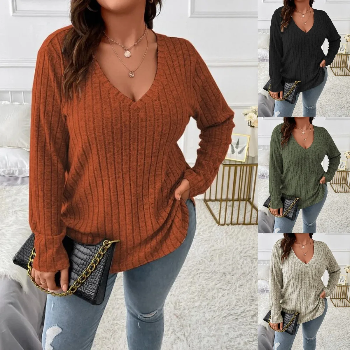 

Loose Pullover Large Women's 2023 Autumn/Winter New Solid Top V-Neck Long Sleeve Pit Striped Brushed T-shirt