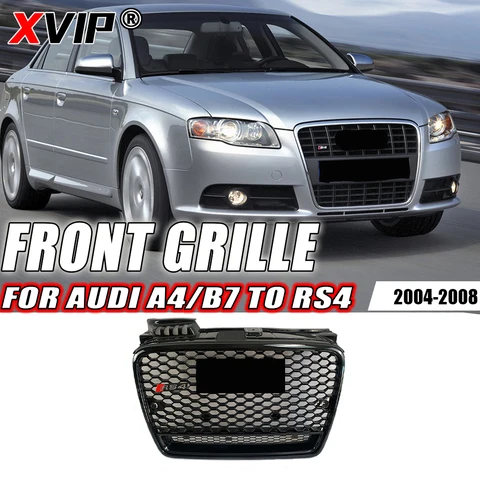 Глянцевый черный цвет XVIP RS4 с хромированным кольцом, решетка переднего бампера с Quattro, подходит для Audi A4 B7 2004-2008, верхняя решетка