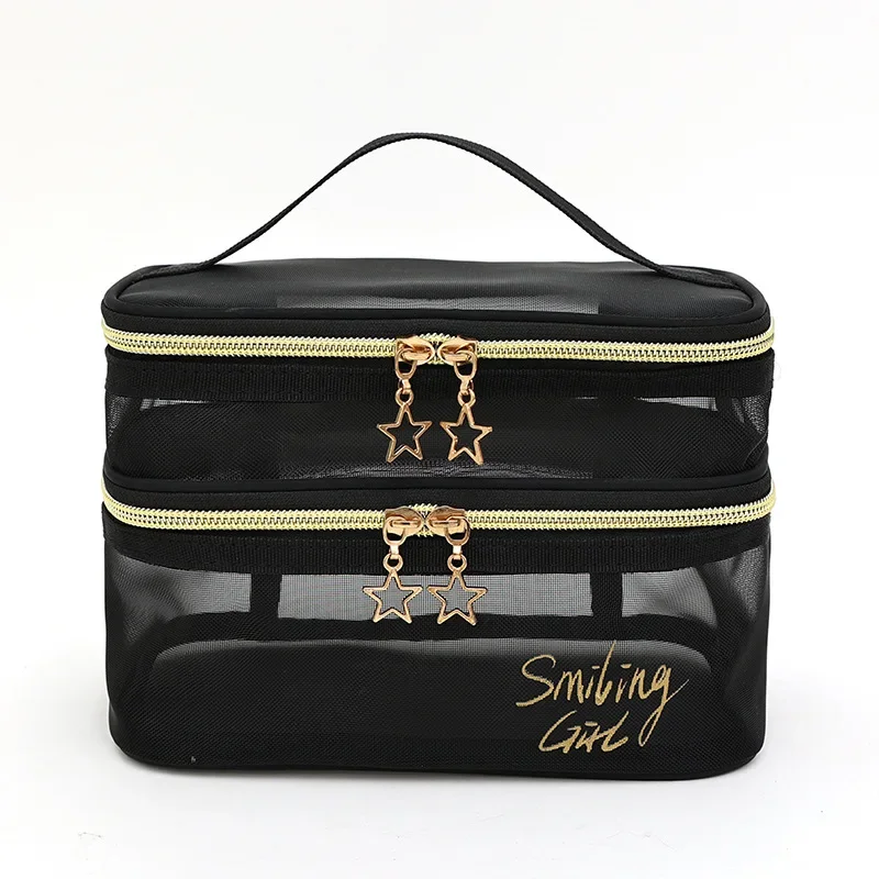 

Large-Capacity Black Mesh Makeup Case Organizer Storage Pouch Casual Zipper Toiletry Wash Bags Make Up Women Travel Cosmetic Bag