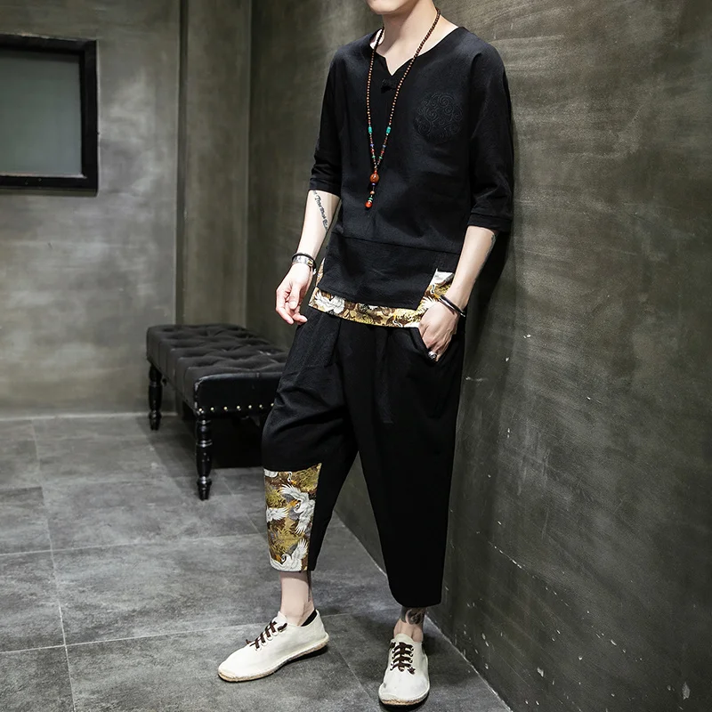 

Style Summer Chinese Plus Size Patchwork Crane Print Suit Male 2023 Harajuku T-Shirts Oversized Cropped Trousers Men Clothing