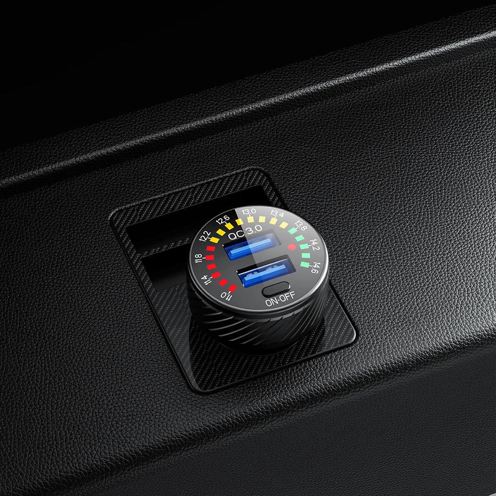 36W Car Charger Dual USB Fast Charging Car Phone Charger Adapter With Colorful Voltmeter ON/OFF Switch For iPhone 14 Car Charger