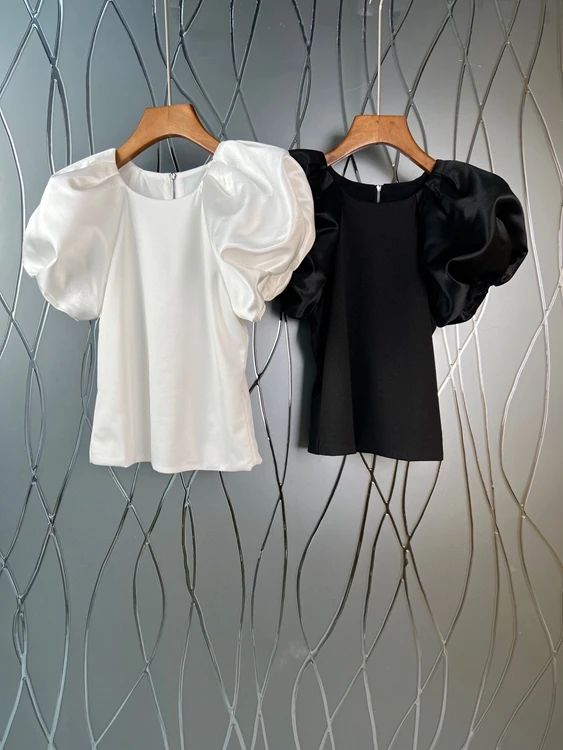 

2022 new women fashion lantern sleeve stitching sweet T-shirt all-match top 069