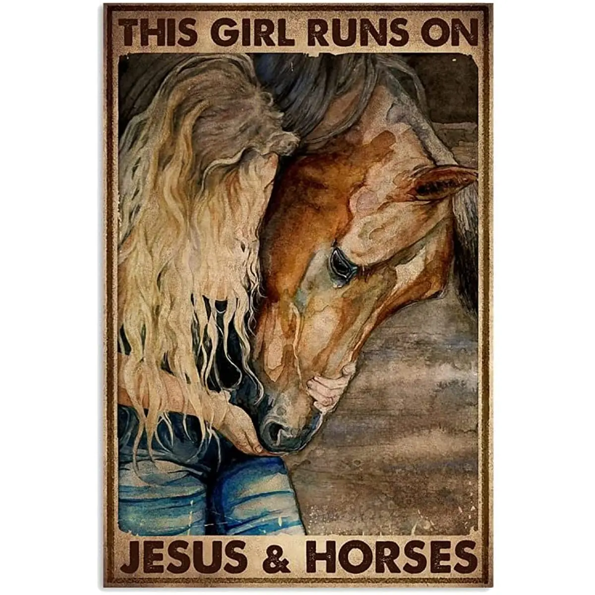 

Металлическая вывеска в стиле ретро с изображением этой девушки Иисуса и лошадей, винтажный декоративный знак для дома, кухни, фермы, кофейн...